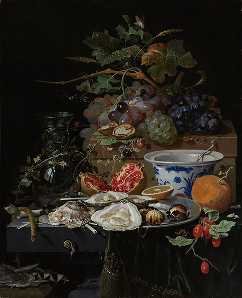 Still Life with Fruit, Oysters, and a Porcelain Bowl 1679 - Abraham Mignon reproduction oil painting