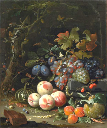Still Life with Fruit Foliage and Insects 1669 - Abraham Mignon reproduction oil painting