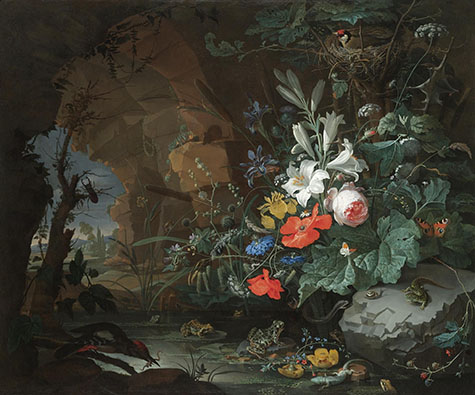 The Interior of a Grotto with a Rock - Abraham Mignon reproduction oil painting