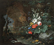 The Interior of a Grotto with a Rock - Abraham Mignon