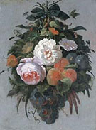 A Swag of Fruit and Flowers Hanging from a Nail - Abraham Mignon