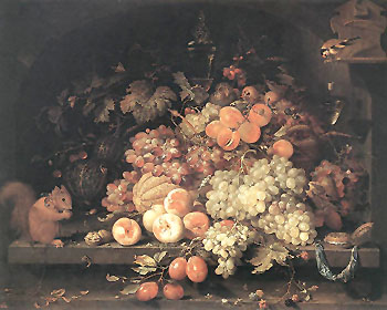 Fruit Still Life with Squirrel - Abraham Mignon reproduction oil painting