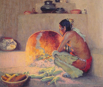 By the Fire c1921 - E Irving Couse reproduction oil painting