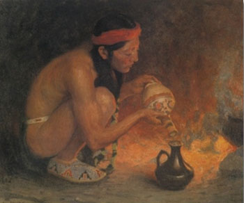 Indian Beside A Camp Fire - E Irving Couse reproduction oil painting