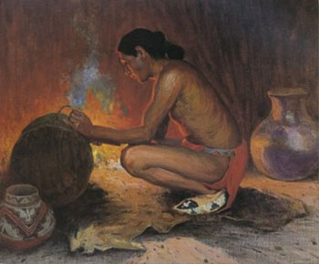 Indian by Firelight - E Irving Couse reproduction oil painting