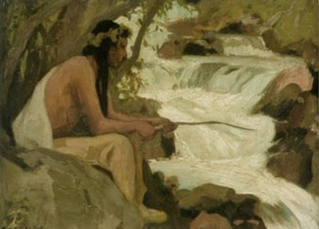 Indian Fishing by A Stream - E Irving Couse reproduction oil painting