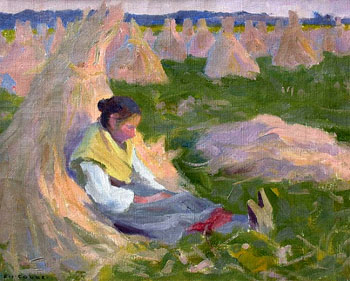Peasant Girl Seated on Shocks of Grain - E Irving Couse reproduction oil painting