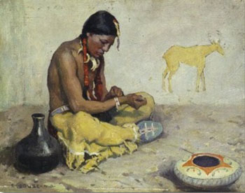 Seated Indian with Pottery - E Irving Couse reproduction oil painting