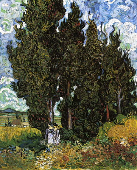 Cypresses and Two Women February 1890 - Vincent van Gogh reproduction oil painting
