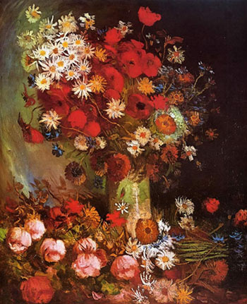 Vase with Poppies Cornflowers Peonies and Chrysanthemums - Vincent van Gogh reproduction oil painting