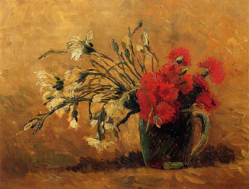 Vase with Red and White Carnations on a Yellow Background - Vincent van Gogh reproduction oil painting