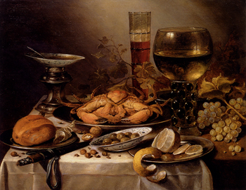Banquet Still Life with a Crab on a Silver Platter a Bunch of Grapes a Bowl of Olives and a Peeled Lemon All Resting on a Draped Table 1654 - Pieter Claesz reproduction oil painting