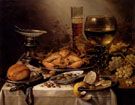 Banquet Still Life with a Crab on a Silver Platter a Bunch of Grapes a Bowl of Olives and a Peeled Lemon All Resting on a Draped Table 1654 - Pieter Claesz