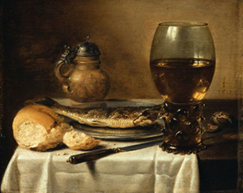 Still Life with Stoneware Jus Wine Glass Herring and Bread 1642 - Pieter Claesz reproduction oil painting