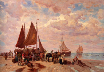A Coastal Scene with Fisherfolk Sorting the Days Catch Beached - Desire Thomassin reproduction oil painting