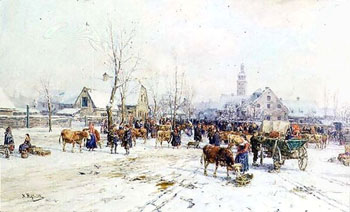A Cattle Market in Winter - Karl Stuhlmuller reproduction oil painting