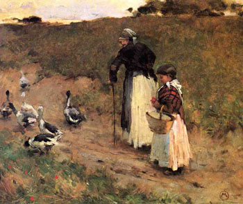 Old Woman with Child and Goose 1885 - Willard Leroy Metcalfe reproduction oil painting