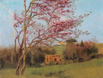 Landscape Blossoming Red Almond Study c1912 - John William Godward reproduction oil painting