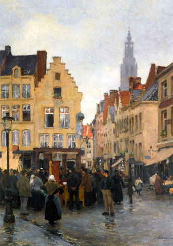 A Busy Market in Antwerp c1885 - Edgard Farasyn reproduction oil painting