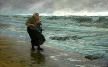 Fishermans Wife on the Beach with Child in Her Arms - Edgard Farasyn reproduction oil painting