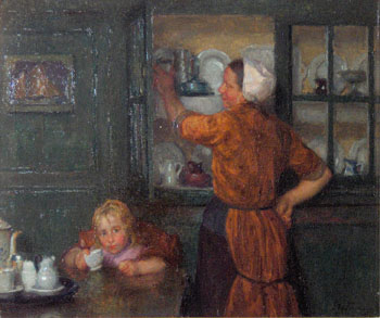 Interior with Fishermans Wife and Child - Edgard Farasyn reproduction oil painting