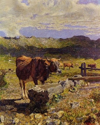 Brown Cow in the Waterhole - Giovanni Segantini reproduction oil painting