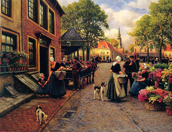 Flowermarket in Monnickendam - Henri Houben reproduction oil painting