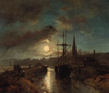 Figures on a Jetty in the Moonlit Harbour of Harfleur - Johan Barthold Jongkind reproduction oil painting