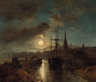 Figures on a Jetty in the Moonlit Harbour of Harfleur - Johan Barthold Jongkind reproduction oil painting