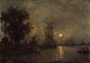 Holandaise Landscape with Docked Boat - Johan Barthold Jongkind reproduction oil painting