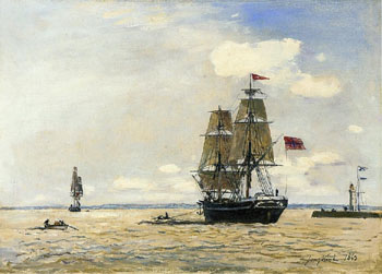 Norwegian Naval Ship Leaving the Port of Honfleur - Johan Barthold Jongkind reproduction oil painting