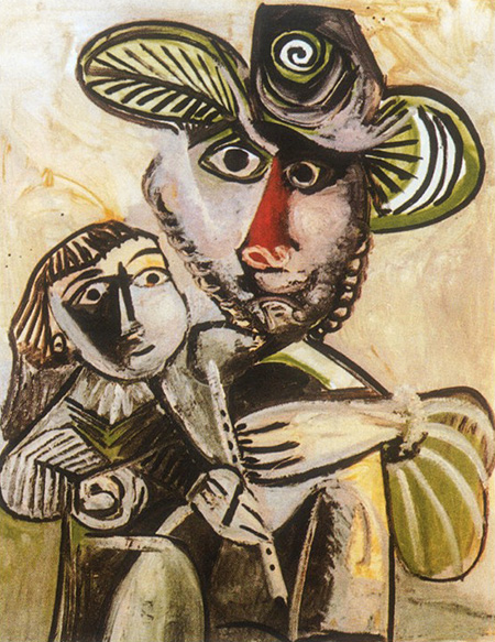 Paternite Man with Flute and Child 1971 - Pablo Picasso reproduction oil painting