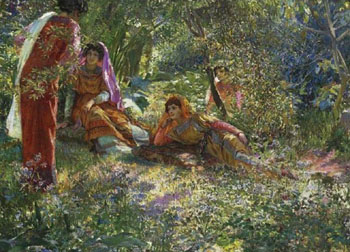 Young Women Resting in the Garden At El Biar in Algiers - Georges Antoine Rochegrosse reproduction oil painting