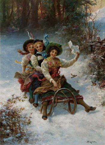 Sledding - Hans Zatzka reproduction oil painting