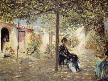 Ladies in a Sundappled Courtyard - Jose Gallegos y Arnosa reproduction oil painting