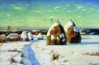 Winter Landscape with Haystacks in 1910 - Konstantin Yakovlevich Kryzhitsky reproduction oil painting