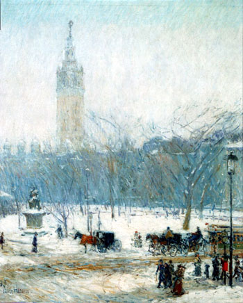Snowstorm Madison Square c1890 - Childe Hassam reproduction oil painting