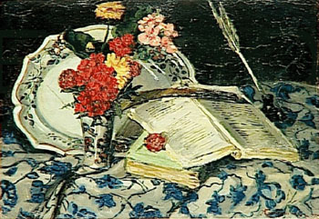 Nature Morte Fleurs Faience Livres 1872 - Armand Guillaumin reproduction oil painting