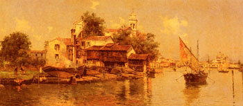 A Boathouse in Venice - Antonio Maria De Reyna Manescau reproduction oil painting