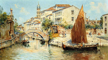 Venetian Canal Scenes B - Antonio Maria De Reyna Manescau reproduction oil painting
