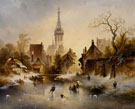 A Winter Landscape with Skaters Near A Village - Charles Van Den Eycken