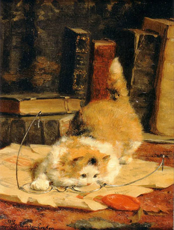 Kitten Playing with Glasses 2 - Charles Van Den Eycken reproduction oil painting