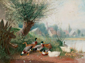 Ducks at the Pond Near A Mill - Julius Scheurer reproduction oil painting