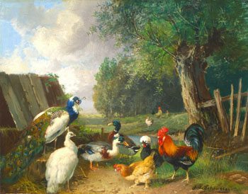 Peacocks Ducks and Chickens Near A Pond - Julius Scheurer reproduction oil painting