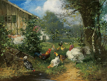 Poultry In a Garden - Julius Scheurer reproduction oil painting