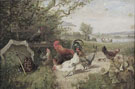 Rooster and Chickens in a Field - Julius Scheurer reproduction oil painting