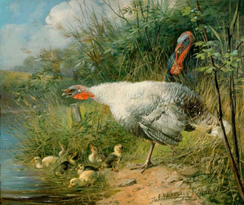 Truthahnfamilie Am Ufer Eines Wiesenteichs - Julius Scheurer reproduction oil painting