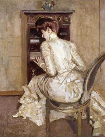 Madame Paul Helleu Seated at Her Secretaire Seen from the Back c1900 - Paul Cesar Helleu reproduction oil painting