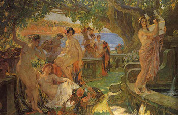 Nymphs Eating Fruits and Making Music on a Balcony in an Arcadian Landscape - Paul Jean Gervais reproduction oil painting