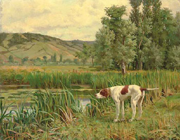 A Pointer Marking Wildfowl in the Reeds - Percival Leonard Rosseau reproduction oil painting